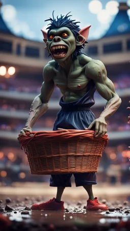 full figure portrait of a giant dunking basket player vampire werewolf goblin gremlin in big basket on wet soil in front of dome court, in the style of Gorillaz,bokeh like f/0.8, tilt-shift lens 8k, high detail, smooth render, down-light, unreal engine, prize winning