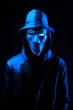 Anonymous man with neon mask blue hacker x design