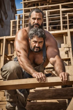 half figure shot photography of an ugly 44 year old stocky big chubby robust burly turkish carpenter working on the roof, dirty, wet, wearing bulging overalls, shirtless, hairy chest, serious, very virile, long beard, curly hair,, , in a sunny construction work area, photorealistic , photorealistic