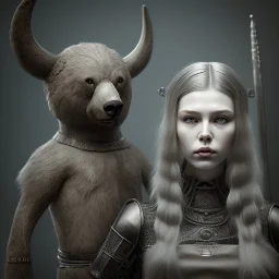 A viking girl and her bear, hr giger, scary, steam punk, realistic, made in octane, cinematic, ultra-realistic, extremely detailed octane rendering, 8K, VRAY Super Real ar 2:3, dof photorealistic futuristic 50mm lens hard lighting dark gray tintype photograph, realistic lighting, sepia color