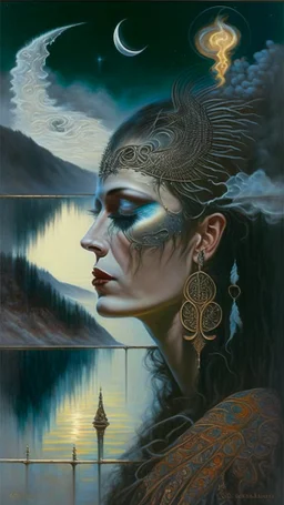 portrait of a woman smoking a cigarette, symmetrical, the cosmic mists seeping into her brain, crescent moons in her eyes, feather earrings in her ears, a crescent moon to right, a wrought iron fence and a lake behind, a mountain range in the distance, luigi serafini, karol bak