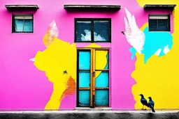 there are two birds sitting on a ledge next to a window, colorful mural on chipped walls, by Saurabh Jethani, photomanipulation, pink and yellow, by Liza Donnelly, diptych, eye catching composition, open window, open door, double exposure, double entendre, dramatic, dynamic, whizz dynamics, liminal vibe, amazing reflections, great contrasts, excellent verticals, perfect parallels, orange tint, socinlars vibe