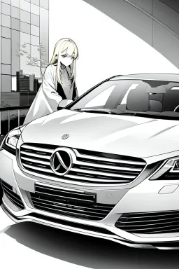 blonde young girl inside car, greyscale