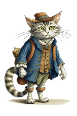 el gato con botas personaje del cuento elegantemente vestido con vestimenta del año 1600 con sus botas con el bolso al hombro saliendo en busca de su destino