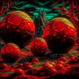 Spooky detailed landscape, strong texture, extreme detail, high contrast, rich colours, Egon Schiele, spheres, 3d, 4k