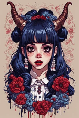 wears a smart shirt which is embroidered with bluered flowers and ornaments, has dark eyes and horns,Poster in two gradually, a one side malevolent goth vampire girl face and other side the Singer Melanie Martinez face, full body, painting 90's movie , pixel art , for a retro gaming 2D style by Yoji Shinkawa, darkblue and sepia tones,