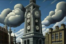 A gray giant and tall clock tower painted by Thomas Hart Benton