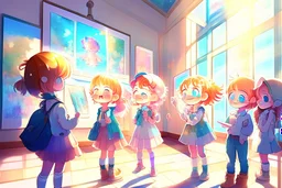 cute chibi holographic girls and boys looking at pictures happily at an exhibition room in sunshine