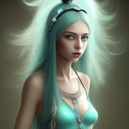 Air witch, majestic beauty, Asian, silver colored eyes, aqua hair in a long ponytail, wearing an aqua witch hat, wearing an aqua crystal necklace