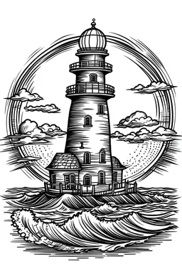 Outline art for coloring page with A lighthouse beaming light across the ocean , ,white background, sketch style, only use outline, clean line art, white background, no shadows, clear outline,