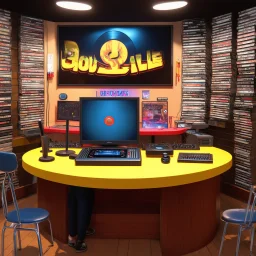 3-d render cartoonish classic inside a dj vinyll record shop record store