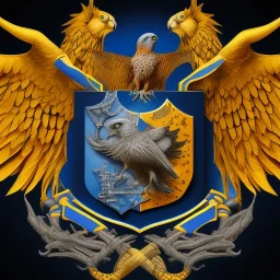 Fantasy setting, coat of arms with a kestrel holding a black anchor in its talons, encircled by a navy blue and yellow circle