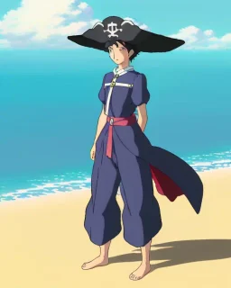 pirate girl, wearing a pirate hat, black hair, beach background