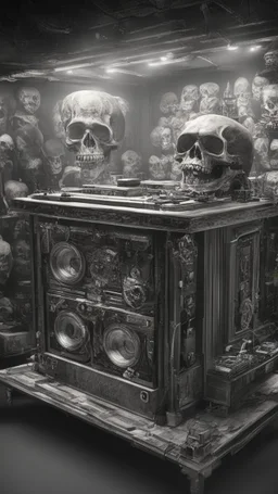 line toned, hedcut, wsj style, DJ of the damnded, insanely detailed DJ booth in hell, MID set, speakers and equipment made of bone, anatomically correct, add more skulls in th audience, photorealism, vray, 8k 3d https://stablecog.com/generate?o=a67b60e0-edd2-418d-9744-d1d585055d7fv https://stablecog.com/generate?o=93026b00-ac6b-436a-bc57-6aa04073d4a9