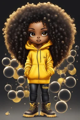 Create an airbrush illustration of a chibi cartoon black female thick curvy wearing a cut of yellow hoodie and black jeans and timberland boots. Prominent make up with long lashes and hazel eyes. Highly detailed shiny black curly afro hair. Background of a large bubbles all around her 2k