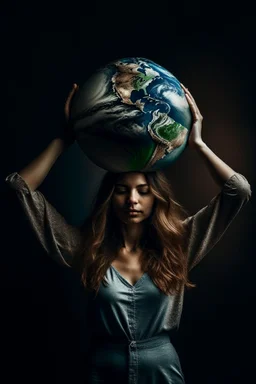 a woman holding up the earth like Atlas