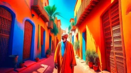 surreal and dreamlike, An elderly man wearing traditional Moroccan clothing standing in a colorful, sun-drenched alleyway with red and orange buildings, palm trees, and a blue sky in the background, saturated, pastel, dreamy atmosphere, liquid psychedelic