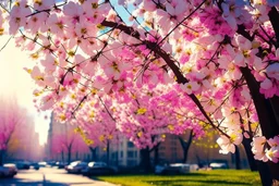 city, flowers, trees, sunny day, spring