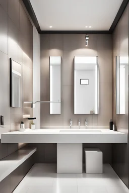 "a sleek and minimalist bathroom design, showcasing a wall-mounted automatic soap dispenser and a stylish contemporary wash basin cabin, inspired by the clean lines of modern architecture, captured with a high-resolution camera, emphasizing the sharp edges and smooth surfaces, minimalist color palette with hints of chrome accents, architectural photography, wide-angle lens to capture the full space, interior design"