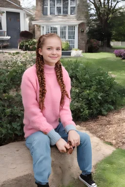 Sherrie Sue Engellant, a tiny, stacked 18-year-old girl with Long, auburn red-brown hair cornrow style, sea-green eyes, sitting in her front yard wearing a pink, knit, turtleneck sweater, blue jeans, black converse sneakers, a sly, clever grin on her face, (plump, full, pouty lips) ,