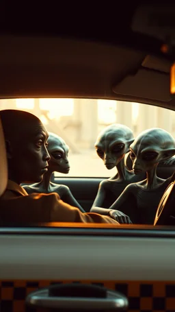 aliens sitting in an taxi car and the driver looking at them in the mirror