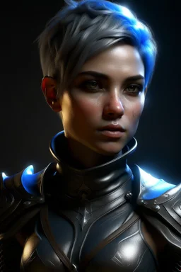 create a female air genasi from dungeons and dragons, dark gray short hair, light blue eyes, wind like hair, wearing hot leather clothing that also looks studded, realistic, from waist up, digital art, high resolution, strong lighting