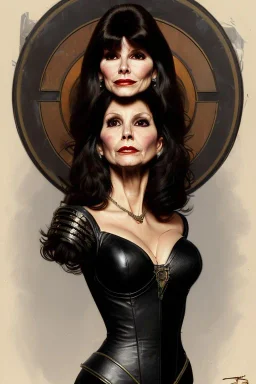 painting of victoria principal as evil queen in black leather, feminie, angry, stern look on her face, volouptous, busty, cleavage, emperious, mature, highly detailed, digital painting, artstation, concept art, smooth, sharp focus, illustration, art by gaston bussiere and alphonse mucha