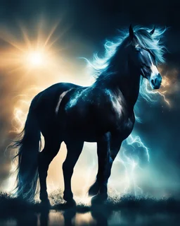 Fascinating double exposure masterpiece. The foreground features a captivating silhouette of a mysterious and glowing horse, exuding an enigmatic and otherworldly energy. Ethereal lighting. The harmonious mix of its serene nature intertwines with the captivating silhouette, creating a scene of incomparable beauty. 8k resolution. Conceptual art. Ilustration.