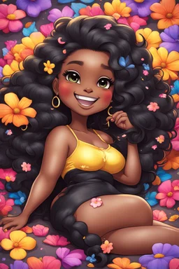 A sassy thick-lined airbrushed cartoon black chibi girl lounging lazily on her side, surrounded by colorful flower petals. She has a golden lion tail curling playfully behind her curvy body. Looking up coyly, she grins widely, showing teeth. Her poofy hair forms a mane framing her confident, regal expression.