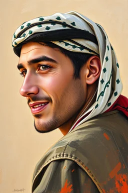 A young Palestinian man, forty years old, wearing a keffiyeh, has a beautiful face, turns his face to the right, has a slight smile, his mouth is closed and his teeth are not visible, his eyes are looking to the left, he appears to be drawn with oil paints