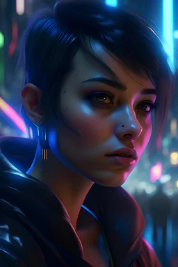 Closeup portrait of a cyberpunk, dark and gritty, highly detailed, retro-futuristic style, neon lighting, cyberpunk city in the background, art by wlop, greg rutkowski, and charlie bowater, 8 k resolution, ultra-realistic, octane render, unreal engine.
