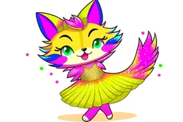 a cute fluffy chibi cat dancer in metallic silky shined colourful dress dynamically dancing and throwing up shiny metallic glitters