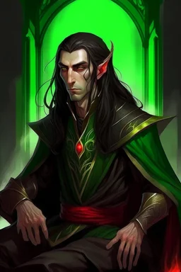 half-elf, half-human with long ears, head lowered, dark hair hanging in separate strands covering the face, only emerald-light eyes are visible, black robe and red lines from the shoulders, going closer to the neck and going down, dividing the black and red shirt, golden ones are visible lines the whole body sits on a chair with one hand holding a spear holding a spear slightly transparent black female hands on the sides stand in human height shadows like guards