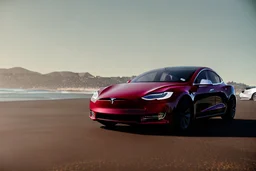 A Tesla 'Model S' is going at a high speed, at the 'Santa Monica State Beach' in California. (CINEMATIC, WIDE ANGLE LENS, PHOTO REAL)