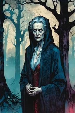 create a fine art print illustration of an aged, emaciated 13th century Jewish female vampire clothed in an ornate but ragged bliaud with highly detailed feminine facial features, surrounded by ancient oak trees, in the old city of Krakow, shrouded in a fetid mist at midnight , in the comic book art style of Bill Sienkiewicz, and Jean Giraud Moebius, finely textured, drawn, colored, and inked