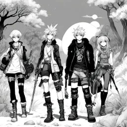 funky black and white manga art of fashion, punkrock, future illustration: RPG group of Adventurers in the wild