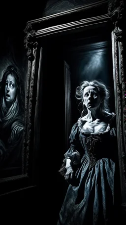 Woman in a dark room in a delusional state haunted by ghostly images, paint it in the baroque style, as if the woman is horrified