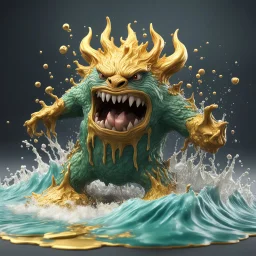 3d monster clay style, water splashing of monster out from liquid effect, gold colours, dominating the wave, fully magical forest in the middle, splashes around