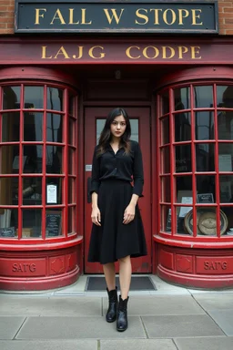 Photorealistic image of a young woman with dark hair, in a black ankle length skirt, boots and shirt, standing outside an old magic shop front with large red painted multi-paned picture windows on either side of a multi-paned doorway.