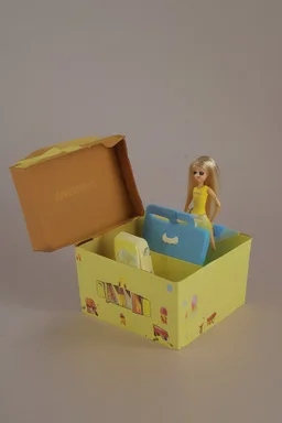 empty yellow and blue barbie doll box