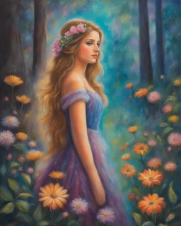 Oil pastel painting of a beautiful girl, fantasy, dream, forest, glitter background, beautiful, oil pastel painting, fantasy art, oil pastel very detailed, fairy, young girl, beautiful portrait painting, flowers, colorful, inspired by Thomas Kinkade, fine art, 8k