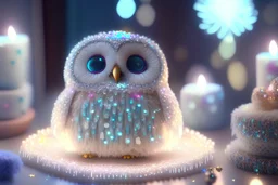 cute chibi plushy fluffy knitted and embroidered natural colored owl with cake in a kitchen, feathers, iridescent flowers incorporated, light emitting, bioluminescent holographic room, silver foil, sparkling diamonds, holographic raw pearls, ethereal, cinematic postprocessing