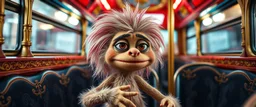 fascist dynasty soap opera, close up portrait of hairy fluffy polymer clay cute female happy worried monster with realistic human colored and textured skin, and long sleek limbs and with studio lights, on a luxury ornate neon buss, talking to his aunt