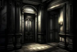 رسم غرفة مظلمة على يمينها باب مغلق في قصر حجري رهيب
