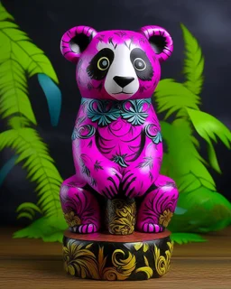 A magenta magic elemental panda designed in Hawaiian tikis painted by Gustav Klimt