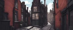 victorian, 2d flat, illustration, alleyway, noire art style, london