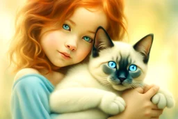 young red haired child lovingly cradles a sweet blue eyed Siamese kitten in her arms, the two of them exuding an air of peace and grace. Modifiers: Award winning photography fantasy oil on canvas photorealistic very attractive dynamic lighting fantastic view ultra detailed cinematic postprocessing VRay neon Iridescent aesthetically perfect facial features Tesselated