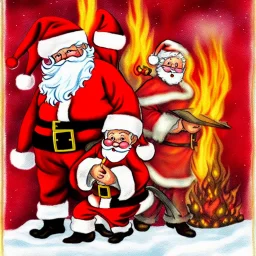 Santa Claus and fire demon, christmas card art