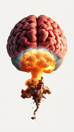 a human brain and eyes floating and crossed with a nuclear explosion