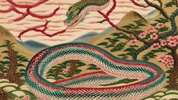 A pink snake designed in Navajo yarn painted by Utagawa Hiroshige